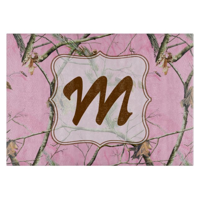 Pink Camo Camouflage Monogram Glass Cutting Board (Front)