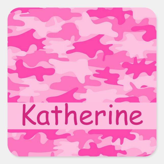Pink Camo Camouflage Name Personalised Square Sticker (Front)