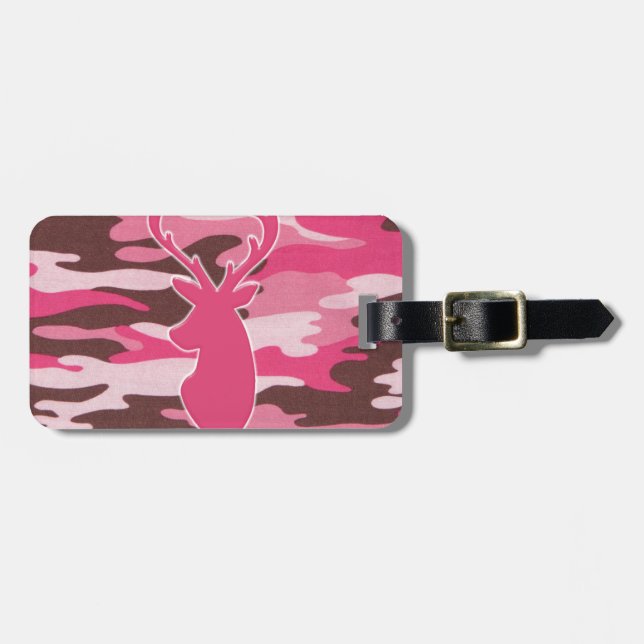 Pink camo deer head luggage tag (Front Horizontal)