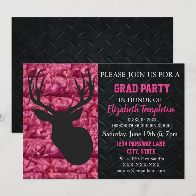 Pink Camo Deer Hunting Graduation Party Invitation (Front/Back)