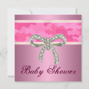 Pink Camo Diamond Bow Baby Shower Invitation