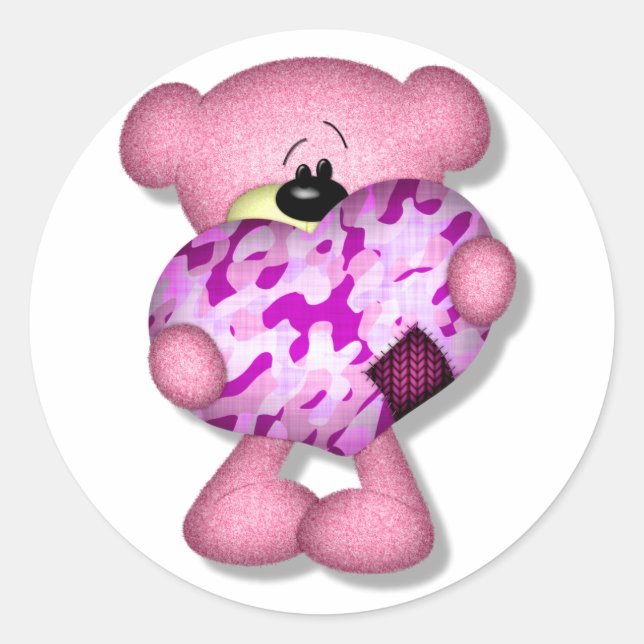 pink camo heart bear classic round sticker (Front)