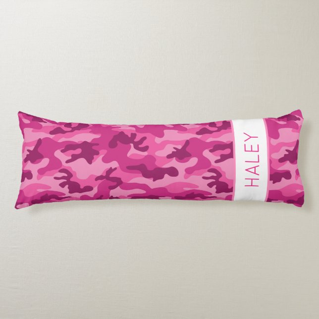 Pink Camo NAME Kids Bedroom Decor Fun Body Cushion (Front)