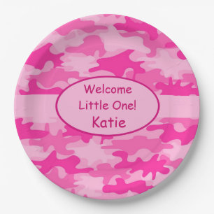 Pink Camo Name Personalised New Baby Girl Paper Plate