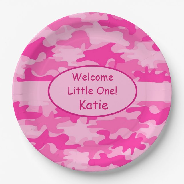 Pink Camo Name Personalised New Baby Girl Paper Plate (Front)