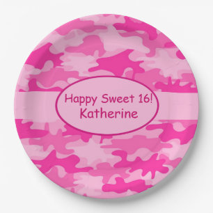 Pink Camo Name Personalised Sweet 16 Birthday Paper Plate