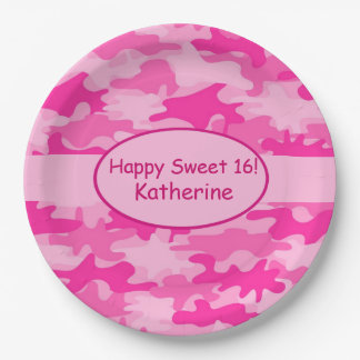Pink Camo Name Personalised Sweet 16 Birthday Paper Plate