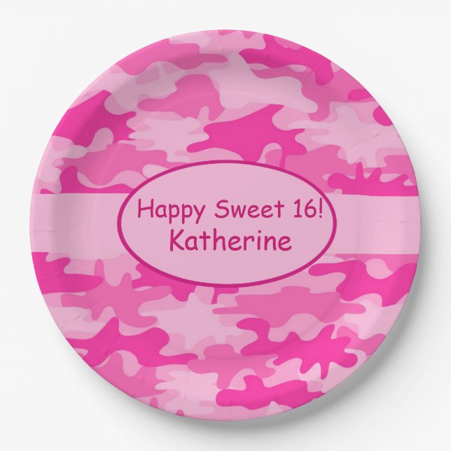 Pink Camo Name Personalised Sweet 16 Birthday Paper Plate (Front)