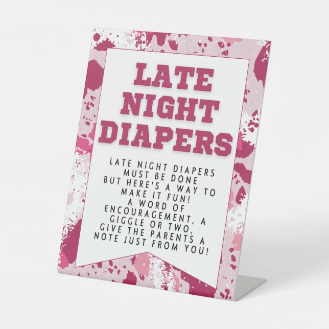 Pink Camo Party Decorations Diapers Baby Shower Pedestal Sign (Front)