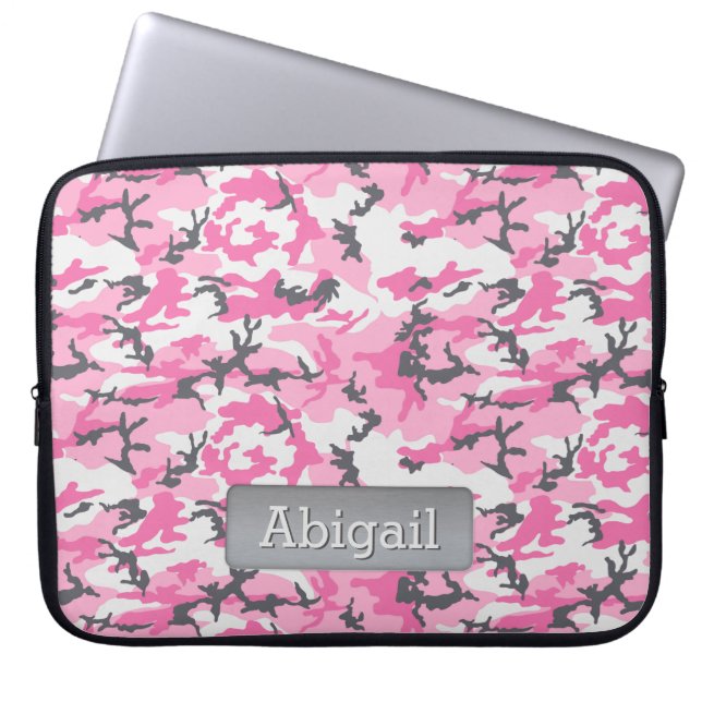 Pink Camo Pattern Personalised Name Laptop Sleeve (Front)