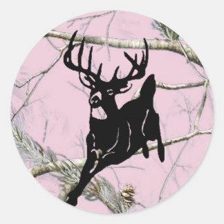 Pink Camo Running Buck Classic Round Sticker
