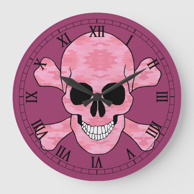 Pink Camo Skull And Crossbones Roman Numeral Clock (Front)