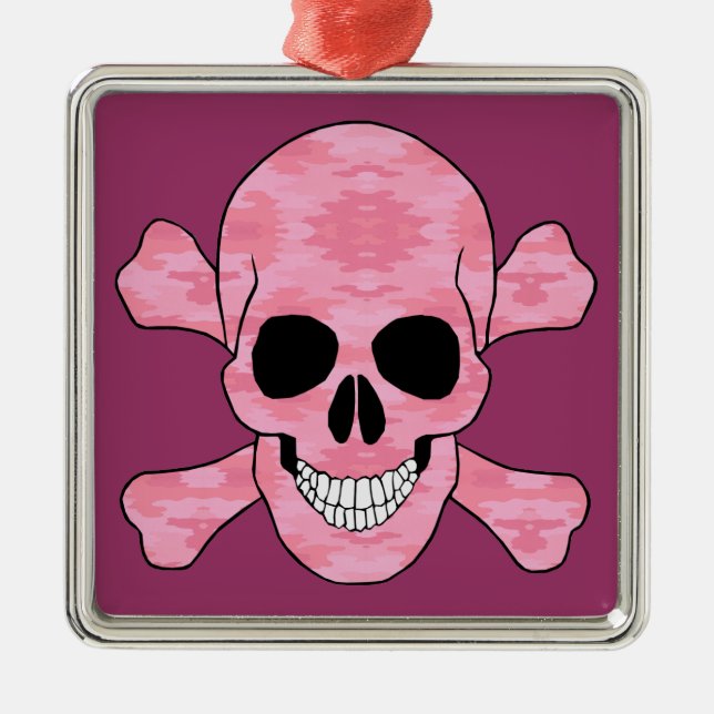 Pink Camo Skull And Crossbones Square Ornament (Front)