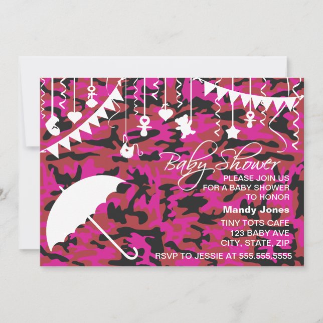 Pink Camo umbrella modern baby shower invitations (Front)