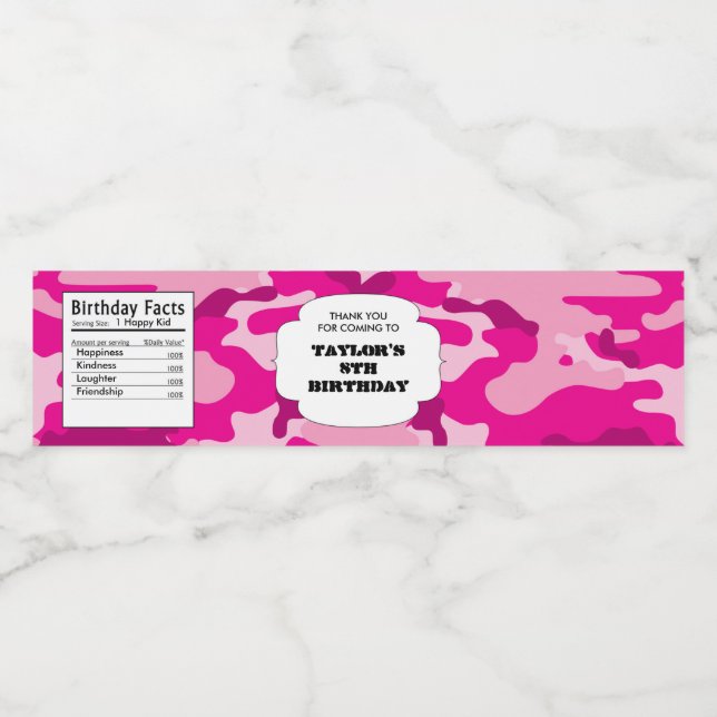 Pink Camouflage birthday party military army camo Water Bottle Label (Single Label)