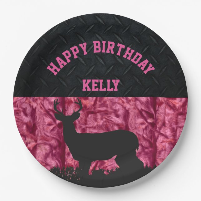 Pink Camouflage Deer Hunting Country Birthday Paper Plate (Front)
