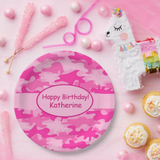 Pink Camouflage Happy Birthday Name Personalised Paper Plate