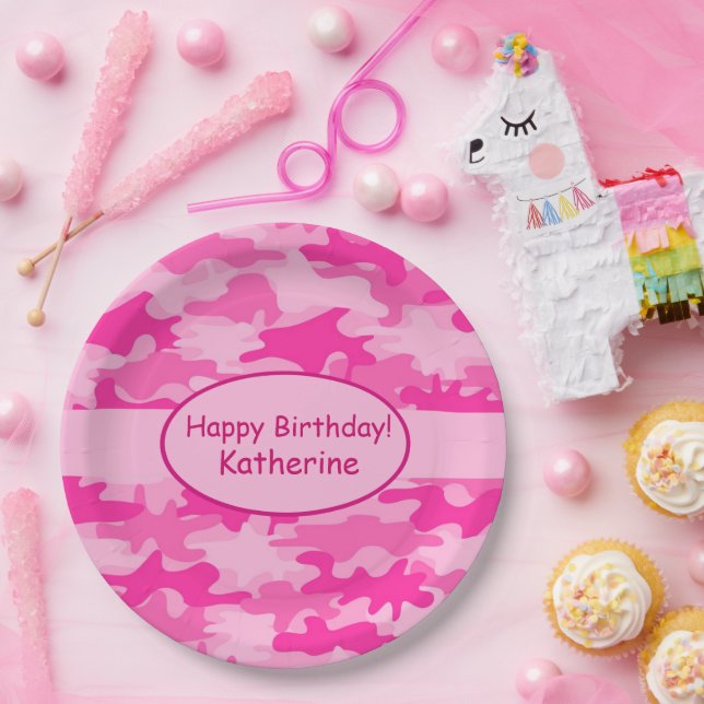 Pink Camouflage Happy Birthday  Name Personalised  Paper Plate (Party)