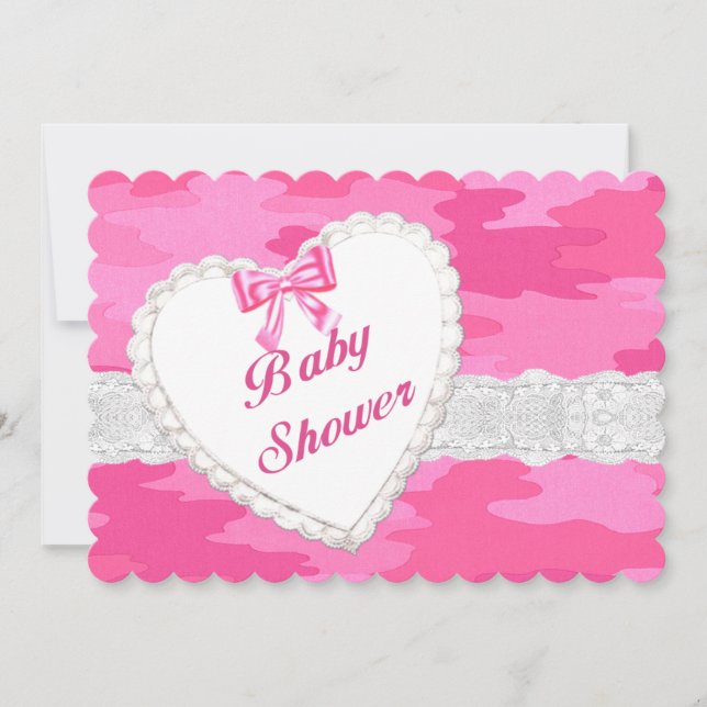 Pink Camouflage Lace Heart Baby Shower Invitation (Front)