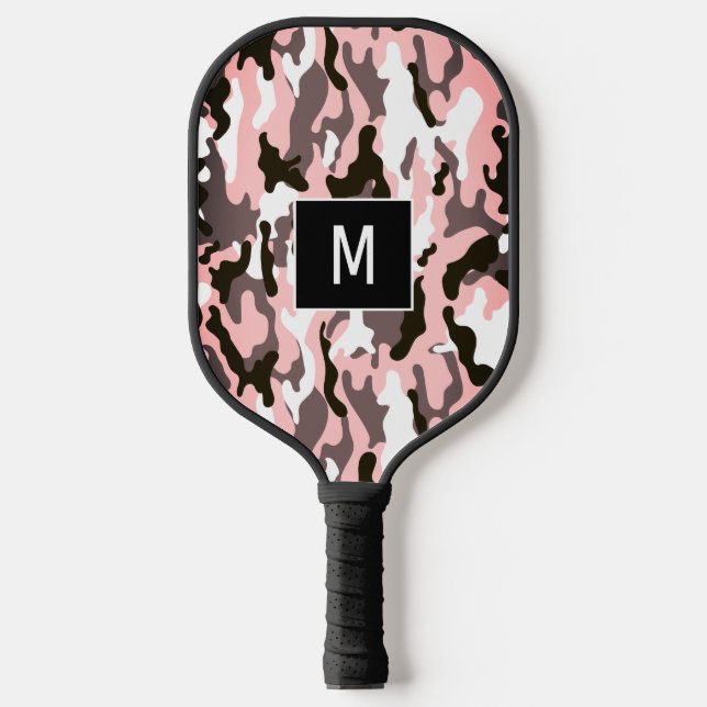 Pink Camouflage Pattern Monogram Pickleball Paddle (Front)