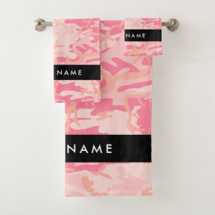 Pink Camouflage Pattern, Your name, Personalise Bath Towel Set