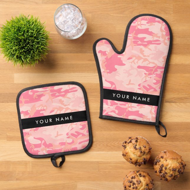 Pink Camouflage Pattern, Your name, Personalise Oven Mitt & Pot Holder Set (Top Down)