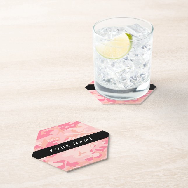 Pink Camouflage Pattern, Your name, Personalise Paper Coaster (Insitu)