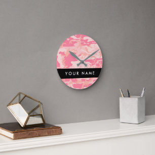 Pink Camouflage Pattern, Your name, Personalise Round Clock