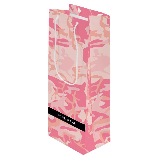 Pink Camouflage Pattern, Your name, Personalise Wine Gift Bag (Front Angled)