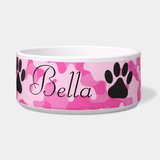 Pink Camouflage Paw Print Dog Bowl