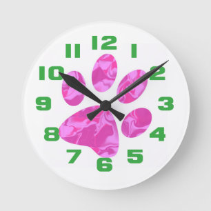 Pink Camouflage Paw Round Clock