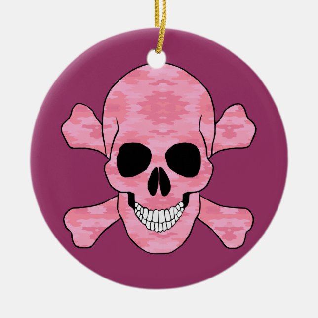 Pink Camouflage Skull And Crossbone Round Ornament (Front)