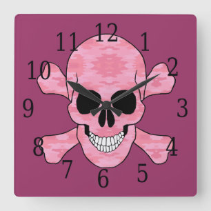 Pink Camouflage Skull And Crossbones Clock