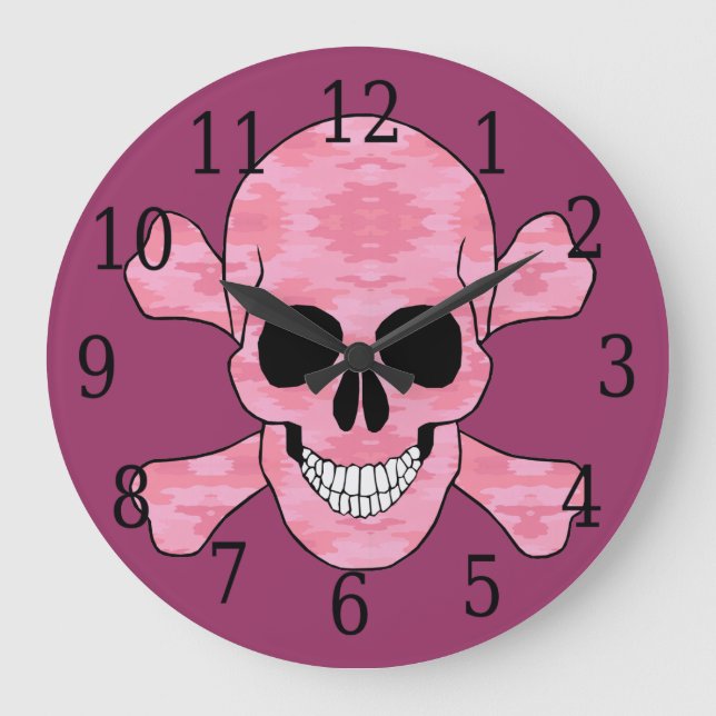 Pink Camouflage Skull And Crossbones Clock (Front)