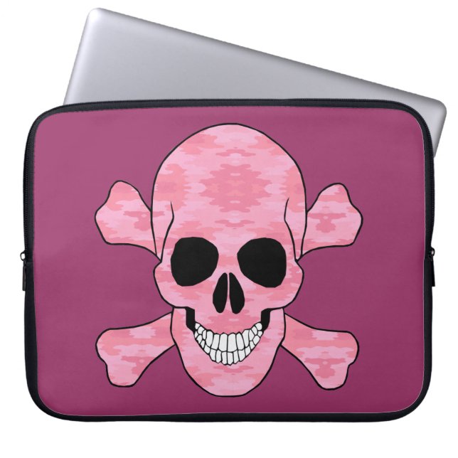 Pink Camouflage Skull And Crossbones Laptop Sleeve (Front)