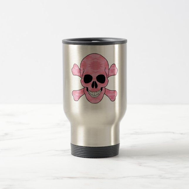Pink Camouflage Skull And Crossbones Travel Mug (Center)