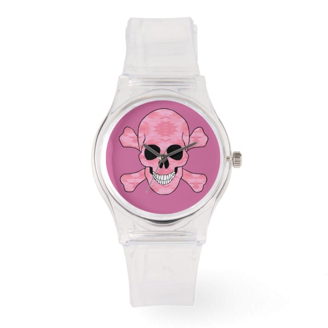 Pink Camouflage Skull And Crossbones Watch (Front)