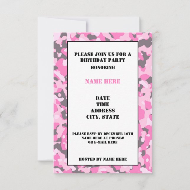 Pink Camouflaged Birthday Party Invitation Card (Front)