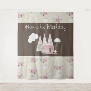 Pink Camper Camping Birthday Party Tapestry