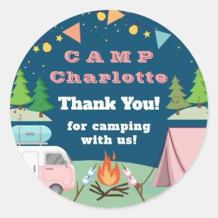 Pink Camping Birthday Party Thank You Classic Round Sticker