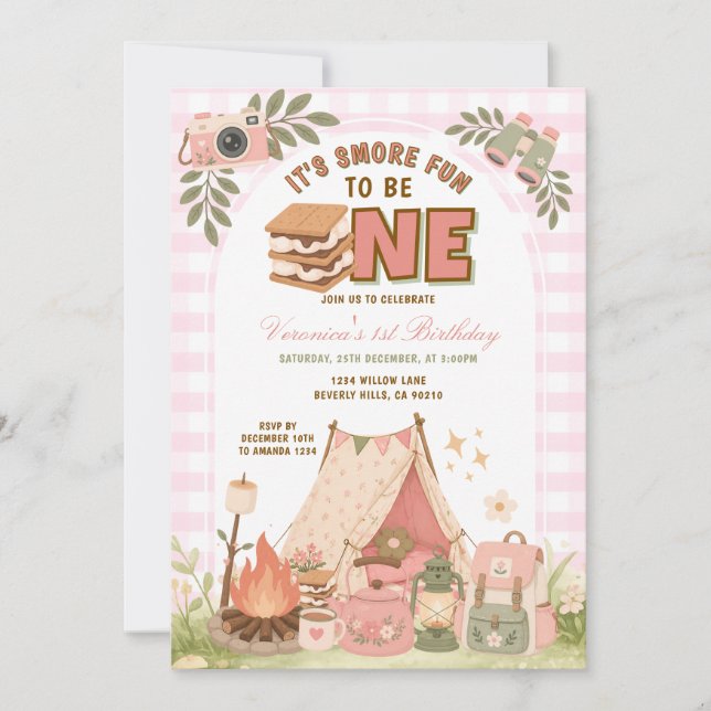 Pink Camping First Birthday S’more Fun  Invitation (Front)