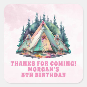 Pink Camping Sleepover Birthday Party Favour Square Sticker