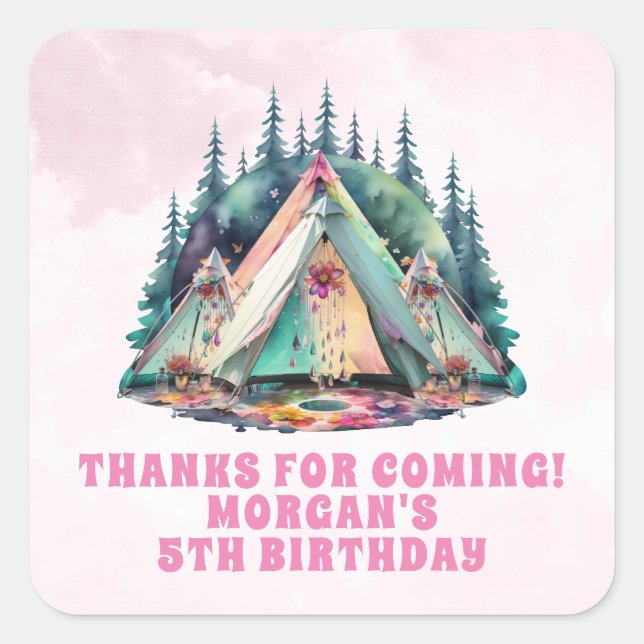 Pink Camping Sleepover Birthday Party Favour Square Sticker (Front)