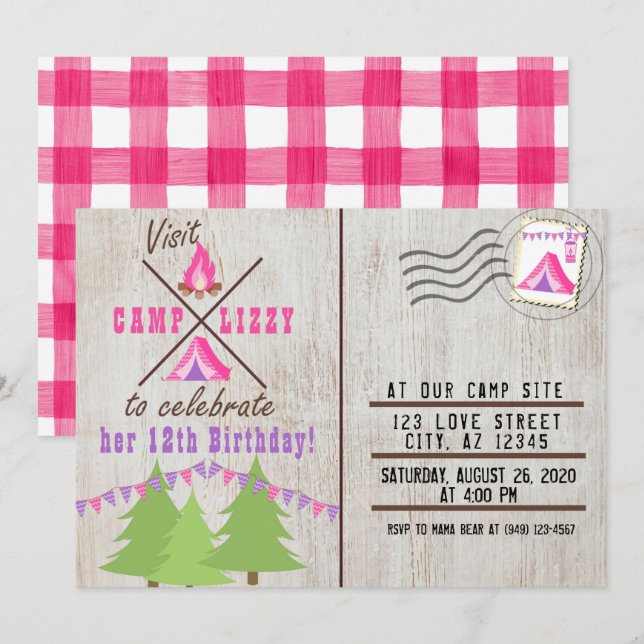 Pink Camping Wood Flannel Post Card Birthday (Front/Back)