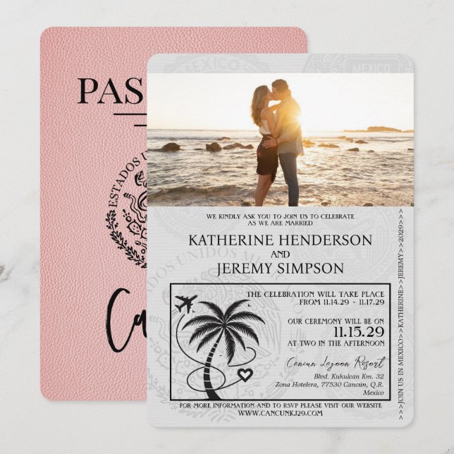 Pink Cancun Passport Wedding Invitation (Front/Back)