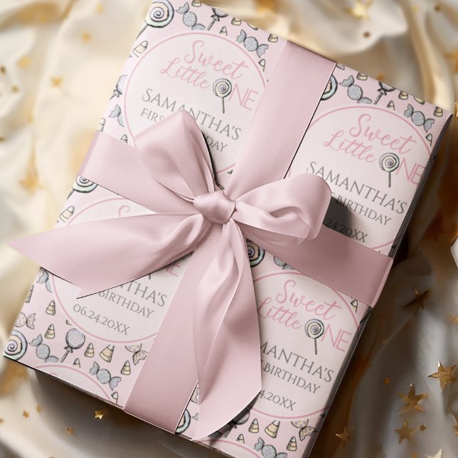 Pink Candy Baby Shower Sweet Little One Wrapping Paper (Cute Pink Candy Pattern Birthday Gift Wrap for Baby Girl First 1st Birthday Party.)