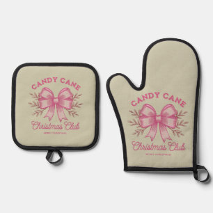Pink Candy Cane Christmas Club Xmas Season Oven Mitt & Pot Holder Set