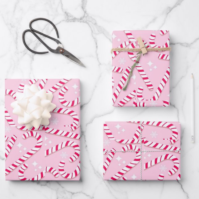 Pink Candy Cane Christmas Wrapping Paper Sheet (Front)