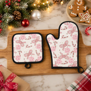 Pink Candy Cane & Snowflake Christmas Oven Mitt & Pot Holder Set