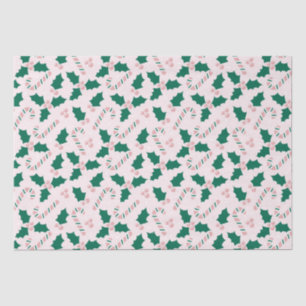 Pink Candy Canes and Holly Leaves Pattern  Tissue Paper